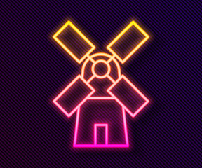 Glowing neon line Windmill icon isolated on black background. Vector.