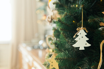 christmas tree with decorations background, copy space