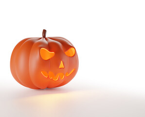 Halooween Pumpkin with light glowing Isolated is on white background and light reflectiong on the floor with clipping path Halloween decoration 3D rendering