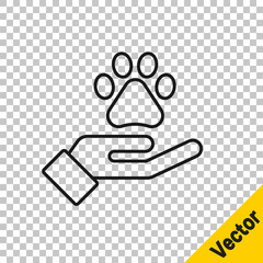 Black line Hands with animals footprint icon isolated on transparent background. Pet paw in heart. Love to the animals. Vector.