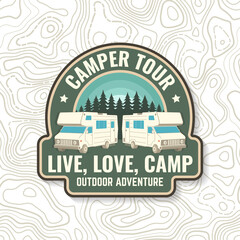 Obraz premium Camper tour. Live, love, camp. Camping quote. Vector illustration. Concept for shirt or logo, print, stamp or tee. Vintage typography design with 3d camper van, wind rose silhouette.