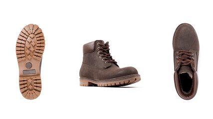 Brown man's shoes isolated on white background. Brown man's boots