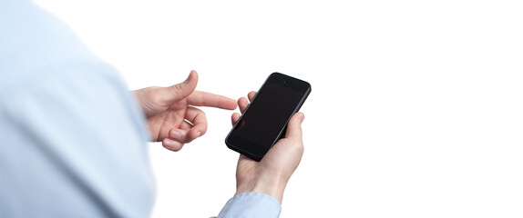 close-up hand touching smartphone screen isolated on white, mock up phone mobile blank screen easy adjustment with clipping path