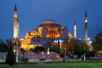Evening view of the Hagia Sophia in Istanbul, Turkey