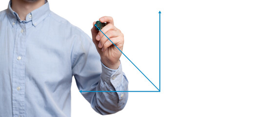 Young businessman prepare to start drawing concept. Businessman drawing a growth graph. Isolated on white.