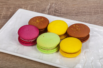 Variety macaron pastries in the plate