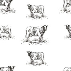 Farm animals cow, sheep, chicken, milk cans. Graphic hand-drawn illustration. Engraving, sketch, doodle style. Agriculture, village, harvest. print, textiles.Seamless pattern.

