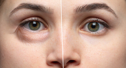 Fototapeta premium Before and after beauty care comparison. Wrinkles removing. Closeup view of young caucasian women eyes.