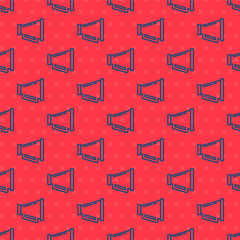 Blue line Megaphone icon isolated seamless pattern on red background. Speaker sign. Vector.