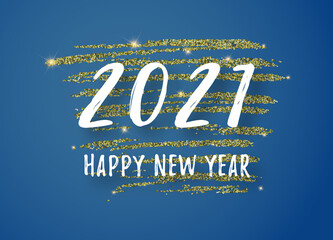 Happy New Year 2021 text, vector card design. Golden glitter background. Vector illustration