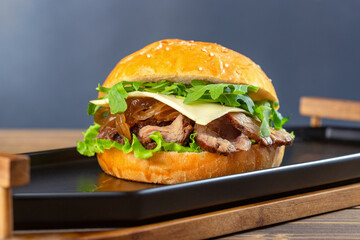 Delicious  burger with roast beef on original plate.