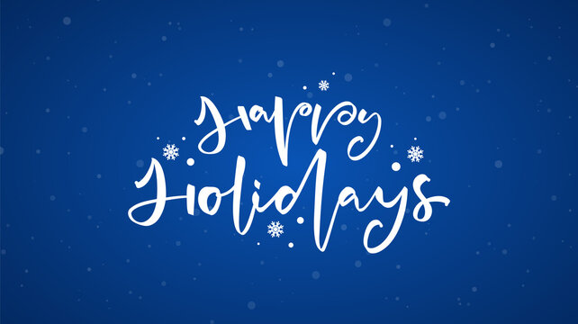 Handwritten modern brush typy lettering of Happy Holidays on blue snowflakes background.