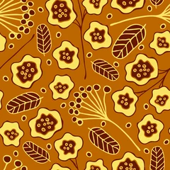 Fototapeten Seamless vector pattern with abstract flowers on brown background. Ditsy floral wallpaper design. Modern nature texture fashion textile. © Randmaart