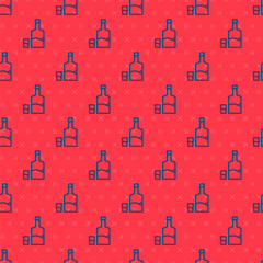Blue line Tequila bottle and shot glass icon isolated seamless pattern on red background. Mexican alcohol drink. Vector.