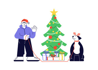 Boy in santa hat with dog vector portrait standing together near Christmas tree. Merry Christmas and Happy New Year card illustration.