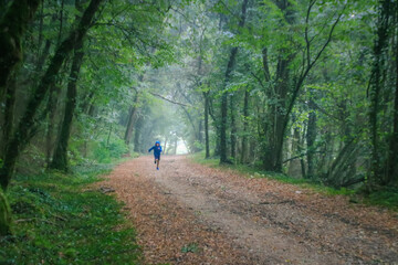 enfant en train de courir dans une forêt pendant une averse de pluie en été