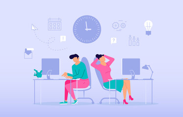 Office workers sitting on the office tables and working on computers in coworking center vector concept. Colleagues or clerks at workplace on violet background illustration