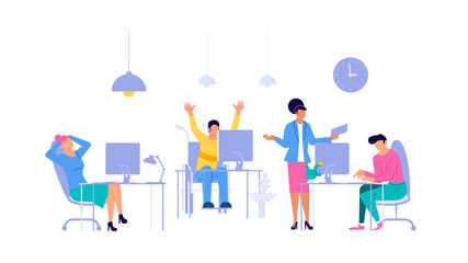 Diversity Office workers sitting on the office table and working on computers in coworking center vector concept. Colleagues or clerks at workplace on white background illustration