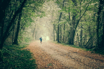 enfant en train de courir dans une forêt pendant une averse de pluie en été