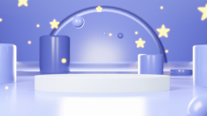 White cylinder podium with blue geometry background. 3D rendering backgroound with starlight.
