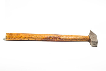 old hammer with wooden handle isolated on white background