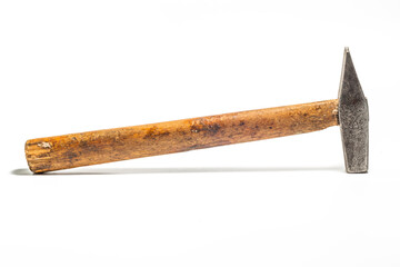 old hammer with wooden handle isolated on white background