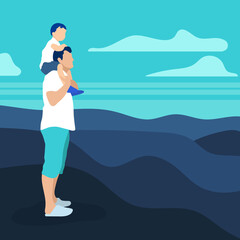 Dad holds his little son on his shoulders on top of mountain against mountain ranges and sky. Flat vector illustration. The concept of fatherhood. 