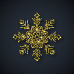 Gold glitter textured snowflake icon on black background. Vector Shiny Christmas, New year and winter symbol.
