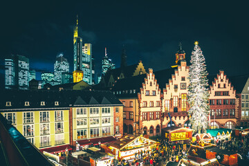 Frankfurt Christmas market at night and from above. Christmas tree at night