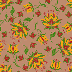 Seamless vector pattern with yellow flowers on beige background. Beautiful vintage floral wallpaper design. Embroidery fashion textile.