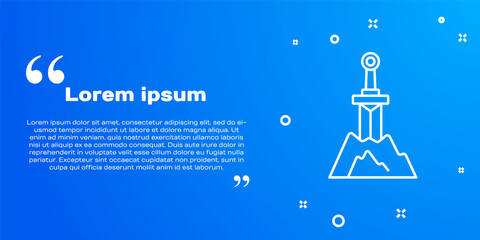 White line Sword in the stone icon isolated on blue background. Excalibur the sword in the stone from the Arthurian legends. Vector.