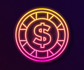 Glowing neon line Casino chip with dollar symbol icon isolated on black background. Casino gambling. Vector.