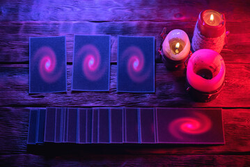Tarot cards on the future reader table background.