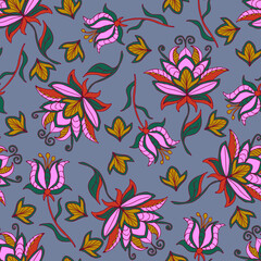 Seamless vector pattern with romantic pink flowers on blue background. Vintage embroidery floral wallpaper design. Lily blossom fashion textile.