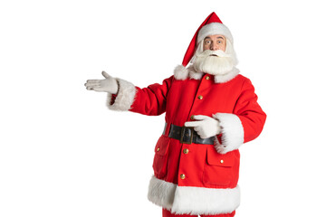 Santa Claus shows with his hands to the side. For decoration of christmas content on an isolated white background. Concept of christmas.