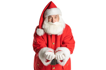 Portrait of an attractive Santa Claus in presentation hands to insert a banner or object. Isolated white background.