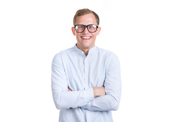 Portrait of a young businessman wearing glasses. Happy man looking at camera isolated over white background with copy space. Happy successful male.