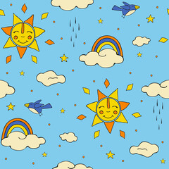 Seamless vector pattern with cartoon sun and clouds on blue background. Simple happy weather wallpaper design for children. Baby shower fashion textile with rainbows.