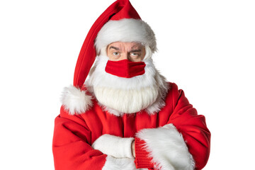 A business man with a beard dressed in a Santa Claus costume, with a mask. Looks ahead carefully. On a white background.