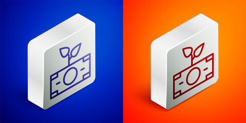 Isometric line Money plant in the pot icon isolated on blue and orange background. Business investment growth concept. Money savings and investment. Silver square button. Vector.