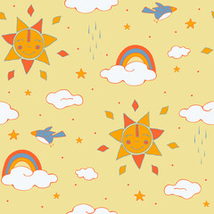 Seamless vector pattern with happy suns and rainbows on pink background. Cute sky wallpaper design for children. Baby shower fashion textile.