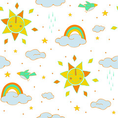 Seamless vector pattern with cartoon sun and clouds on white background. Children wallpaper design with rainbows. Simple baby shower fashion textile.