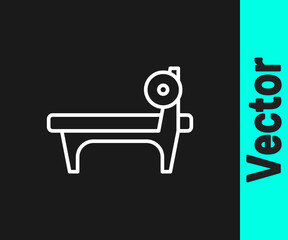 White line Bench with barbel icon isolated on black background. Gym equipment. Bodybuilding, powerlifting, fitness concept. Vector.