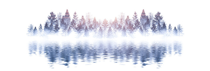Winter abstract landscape. Sunlight in the winter forest. Abstract forest landscape, trees on the river bank, reflection in the water. Snow, Winter, smoke, smog. 3D illustration