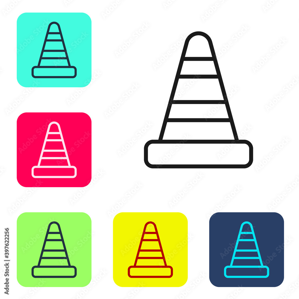 Poster black line traffic cone icon isolated on white background. set icons in color square buttons. vector
