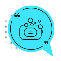 Black line Bar of soap icon isolated on white background. Soap bar with bubbles. Blue speech bubble symbol. Vector.