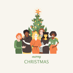 Happy New Year 2021 greeting card vector illustration. flat cartoon holiday celebration design.
Multicultural group of people is hugging together. New Year's celebration party. 
