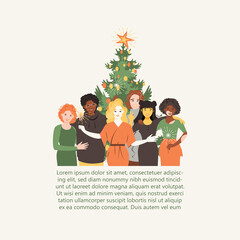 Fototapeta premium Happy New Year 2021 greeting card vector illustration. flat cartoon holiday celebration design. Multicultural group of people is hugging together. New Year's celebration party. 
