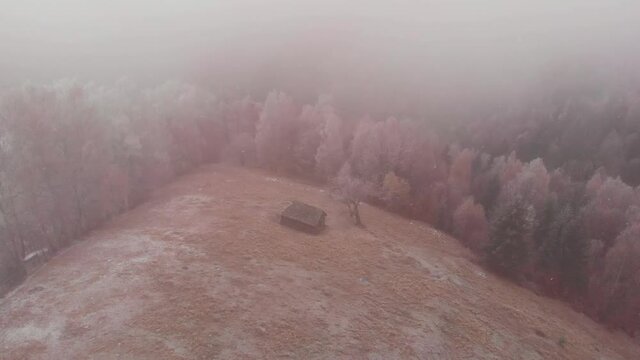 Aerial view of wintertime scene in the Transylvanian village, Pestera, with white frost, fresh snow, blizzard, and fog, at the foot of the Carpathian Mountains