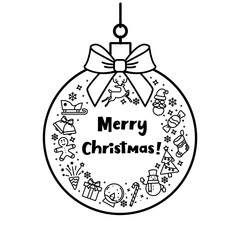 Black bauble with bow pattern of festive cartoon symbols and inscription Merry Christmas inside hanging on white background